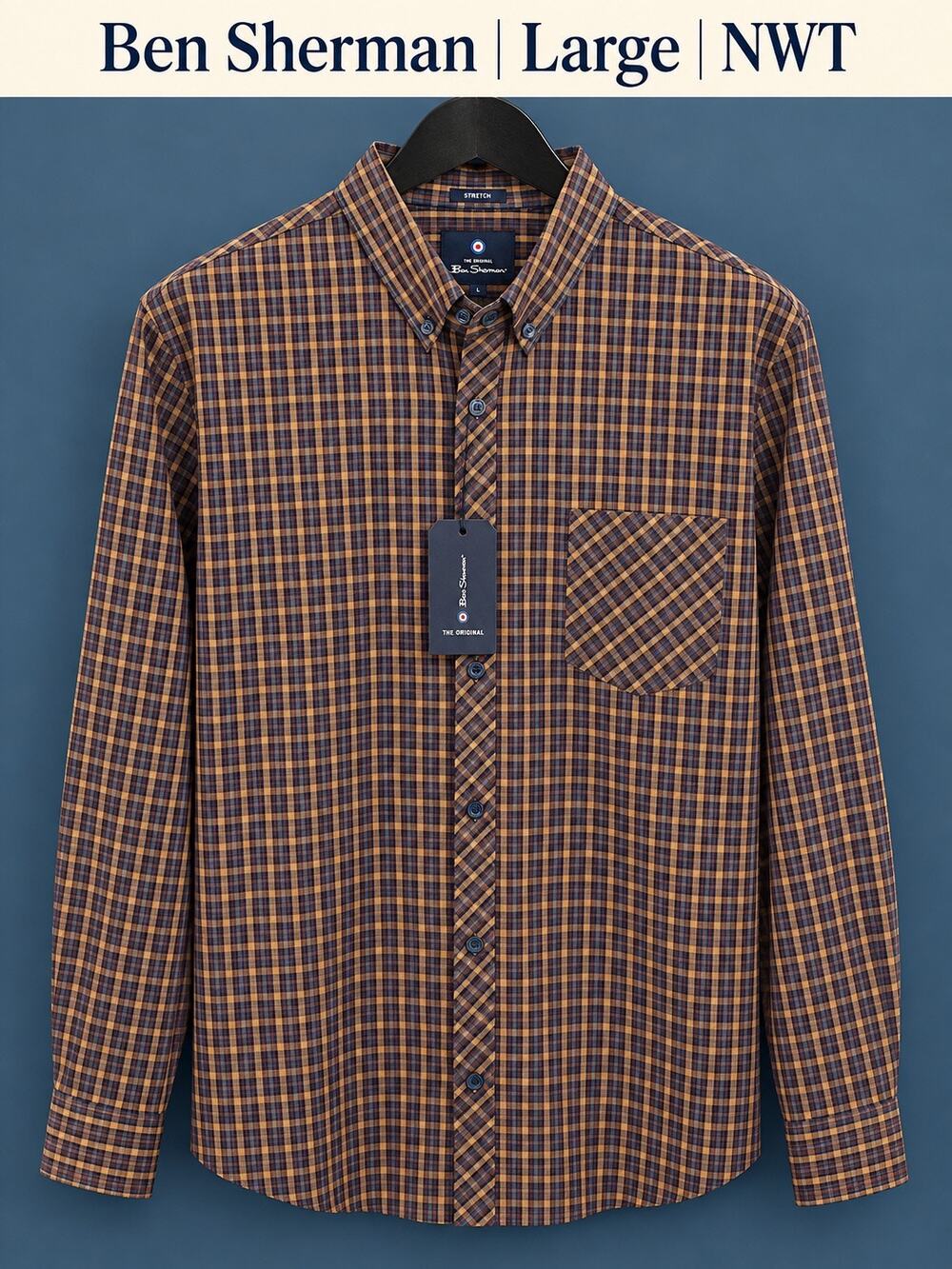 Ben Sherman XL Stretch Plaid Button Down Marine NWT